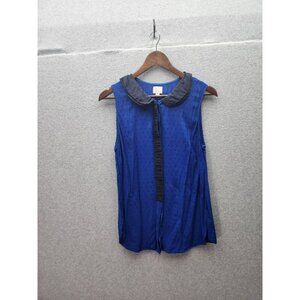 Anthropologie Blue Sleeveless Button-Up Blouse With Textured Dots & Contrast Col